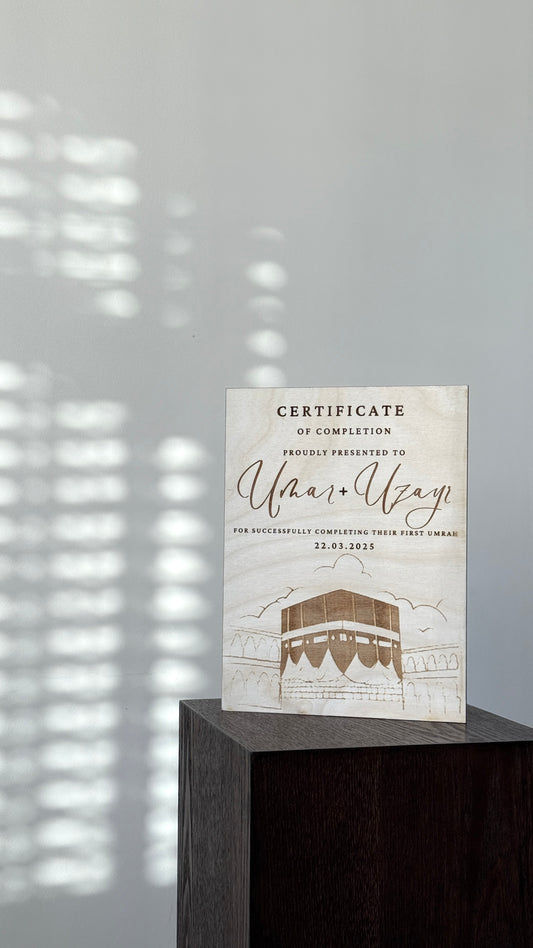 Wooden Umrah Certificate - Engraved Kabbah