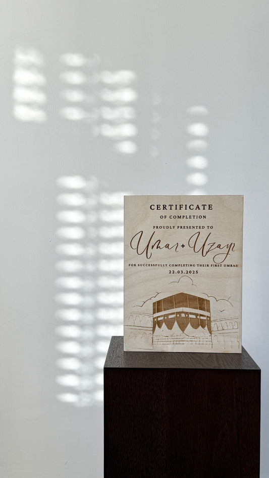 Wooden Umrah Certificate - Engraved Kabbah